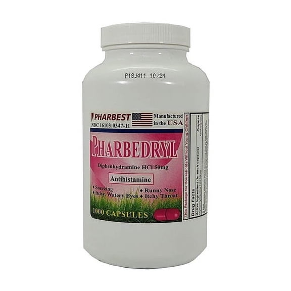 Pharbedryl Diphenhydramine CP 50mg PHB Capsules, Antihistamine, 1000 Ea
