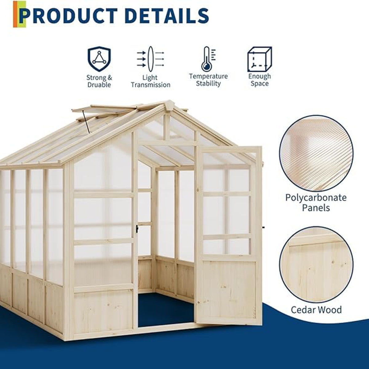 Outdoor Greenhouse, 8x6FT Heavy Duty Wooden Greenhouse with Polycarbonate Panels & Lockable Door - Sturdy Wood Frame Garden Green House with Adjustable Roof Vent, for Yard, Gardening（ship in 3 boxes）
