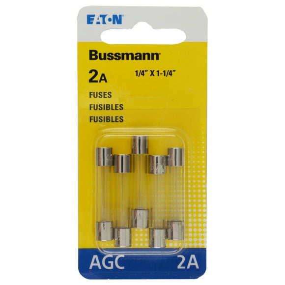 Bussman Fuse BP/AGC-2-RP Glass Tube; AGC; 2 Amp; 1/4 Inch x 1-1/4 Inch; Pack Of 5; With English/Spanish/French Language Blister Packaging