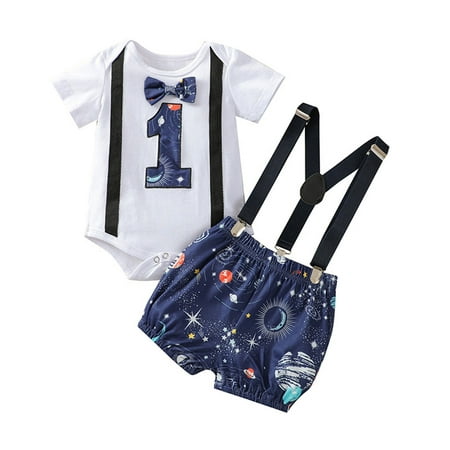 

QWERTYU Infant Baby Toddler Boy 2PCS Bow Tie Bodysuit and One-year-old Suspender Shorts Set Outfits Summer Short Sleeve Birthday Party Clothes Set 6M-18M Dark Blue 90