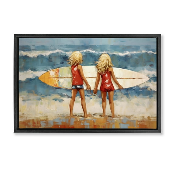 Stupell Industries Siblings with Surfboard People Painting Black Floater Framed Canvas Art Print Wall Art, 25 x 17