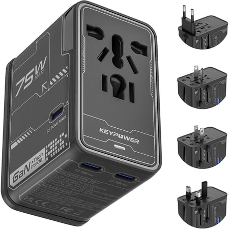 Universal Travel Adapter, 75W GaN International Power Adapter with 3 USB C and 1 USB A, All in One Travel Plug Adapter, Worldwide Outlet Wall Charger Converter for EU US UK AU 200+ Countries.