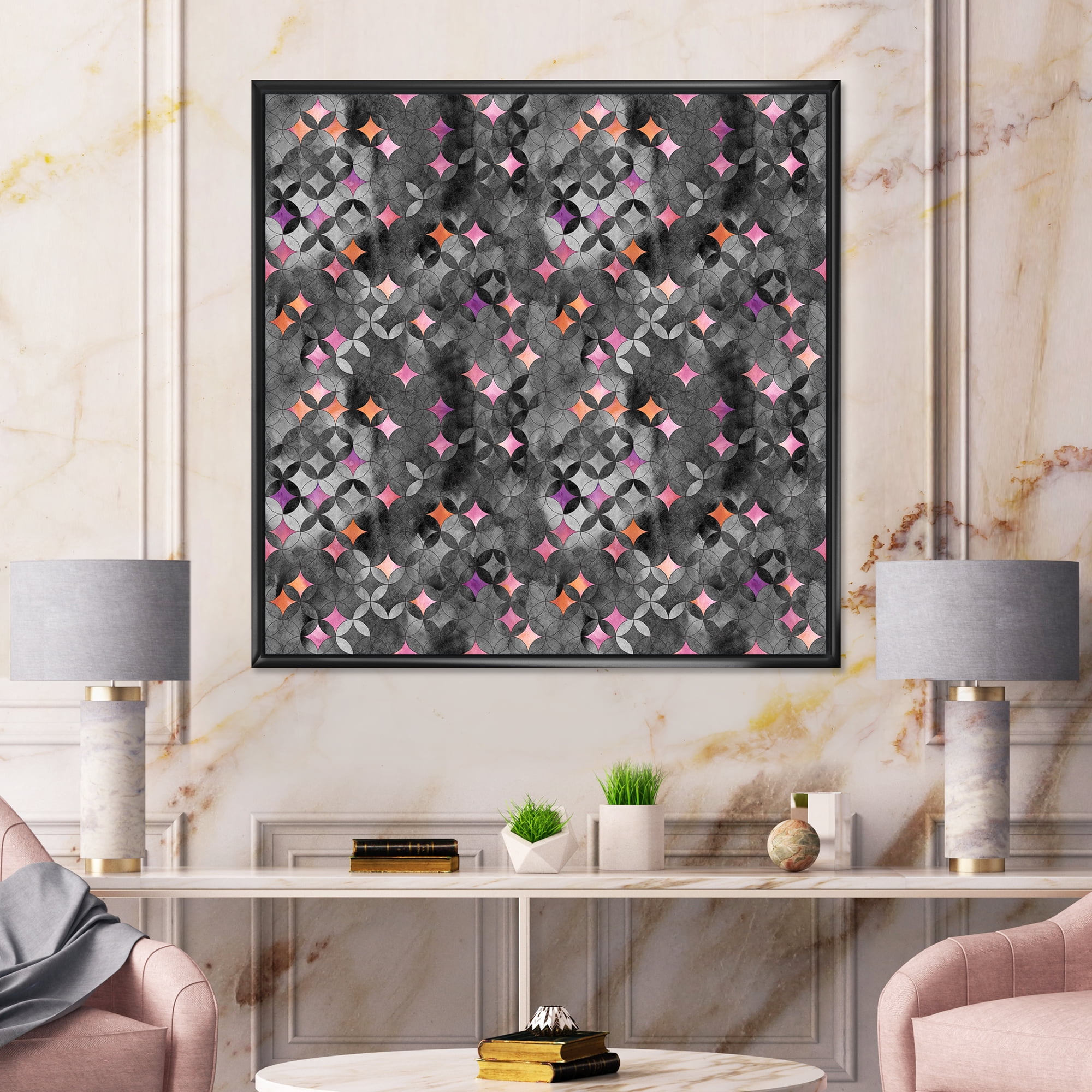Designart 'Geometry Pink Stars With Intersecting Circles' Modern Framed Canvas Wall Art Print