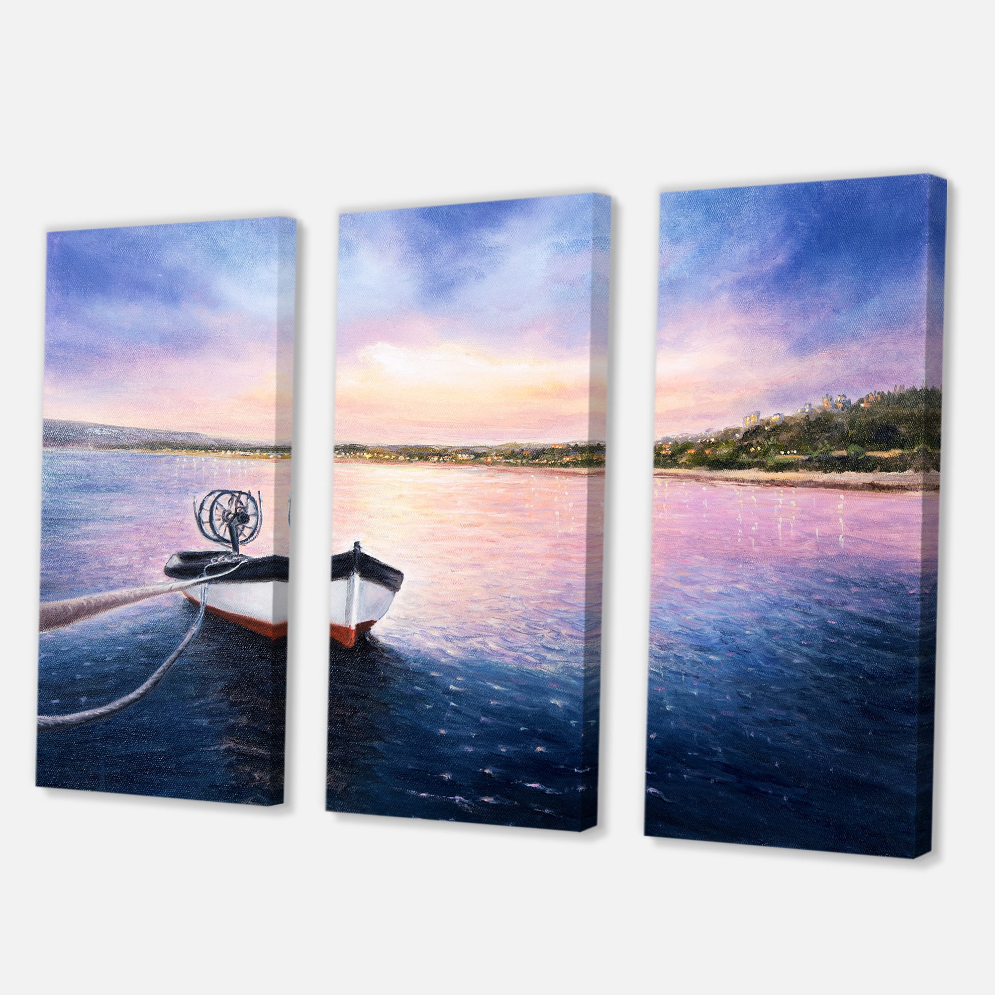 Designart ' VIbrant Sunset Over Fishing Boat By The Shore ' Lake House Canvas Wall Art Print