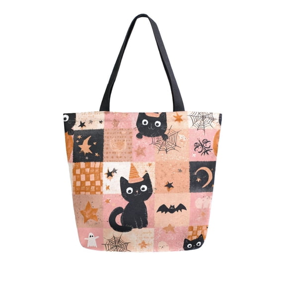 Open Top Canvas Tote Bag with Zipper Reusable Shopping Bag 13.5x15" Roomy Carryall Orange Halloween Motif