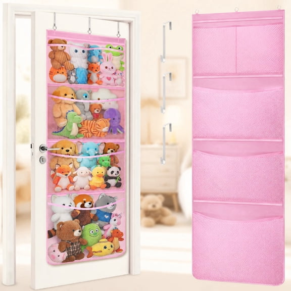 Norcho Stuffed Animal Storage, Over-Door, 5 Expandable Mesh Pockets, Pink, 65.8"