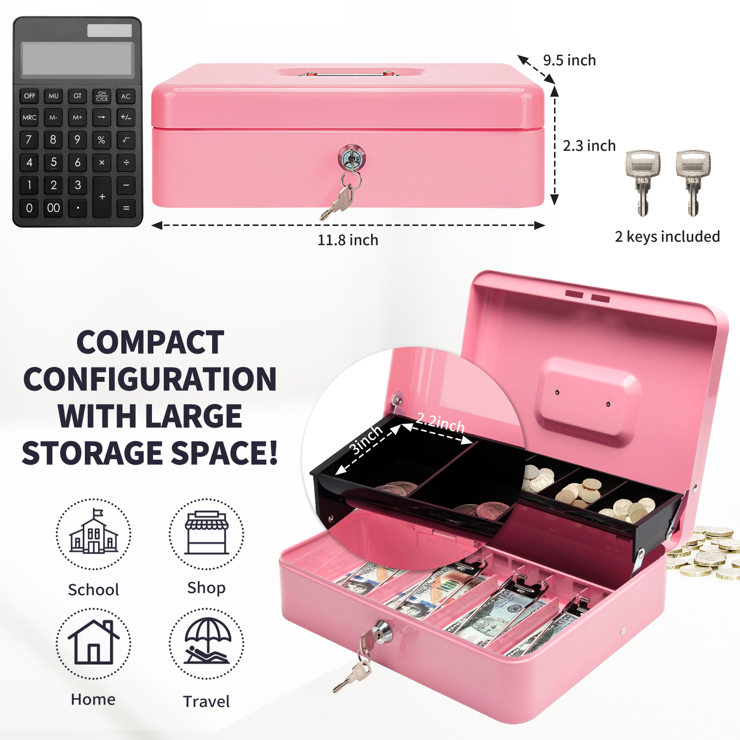 SkyAuks Cash Box with Money Tray 11.8 x 9.5 Inches photo 4