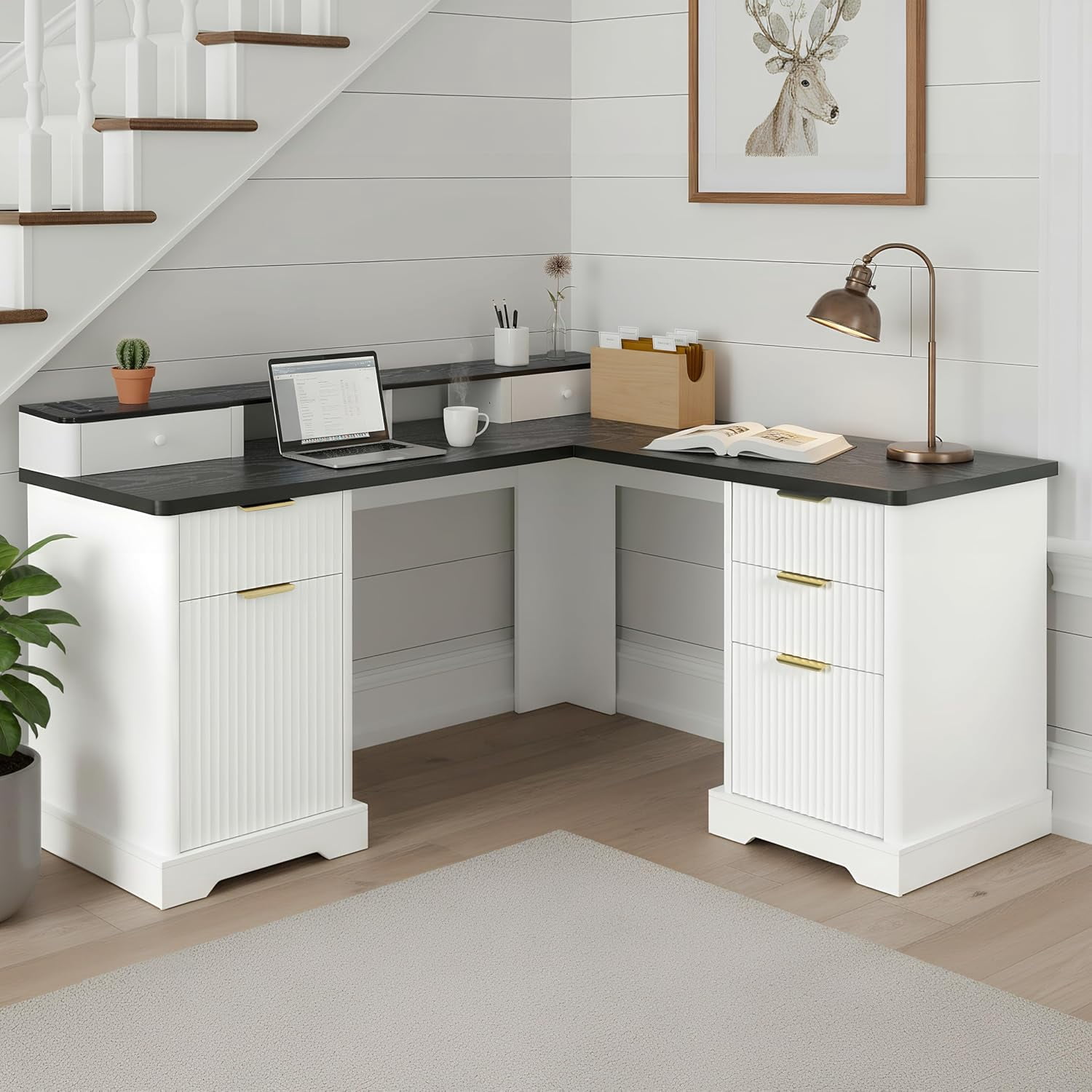 59'' Fluted Executive L Shaped Desk, Computer Corner Desks with Power Outlets, Extra Large Storage Drawer & Cabinet, Home Office Writing Desk for Study Bedroom,White