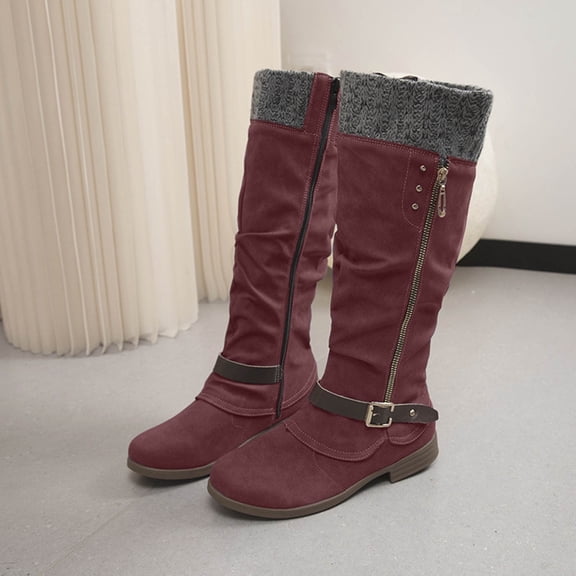 BLTIBY Knee High Boots for Women Knitted Ruched Cuff Snow Boot Side Double Zipper Vintage Winter Booties Low Heel Motorcycle Riding Round Toe Comfortable Tall Boots Red 39