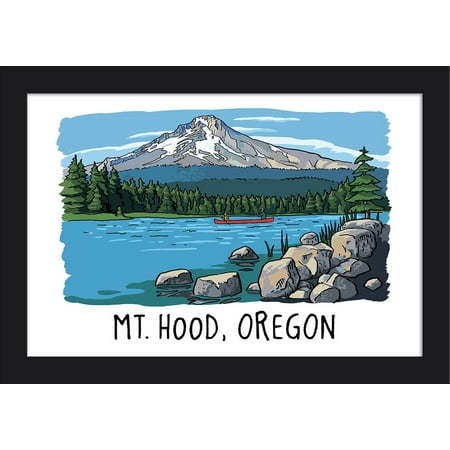 Mountain River Solid Wood - Mount Hood, Oregon - River & Mountain - Line Drawing - Lantern Press Artwork (18x12 Giclee Art Print, Gallery Framed, Black Wood)