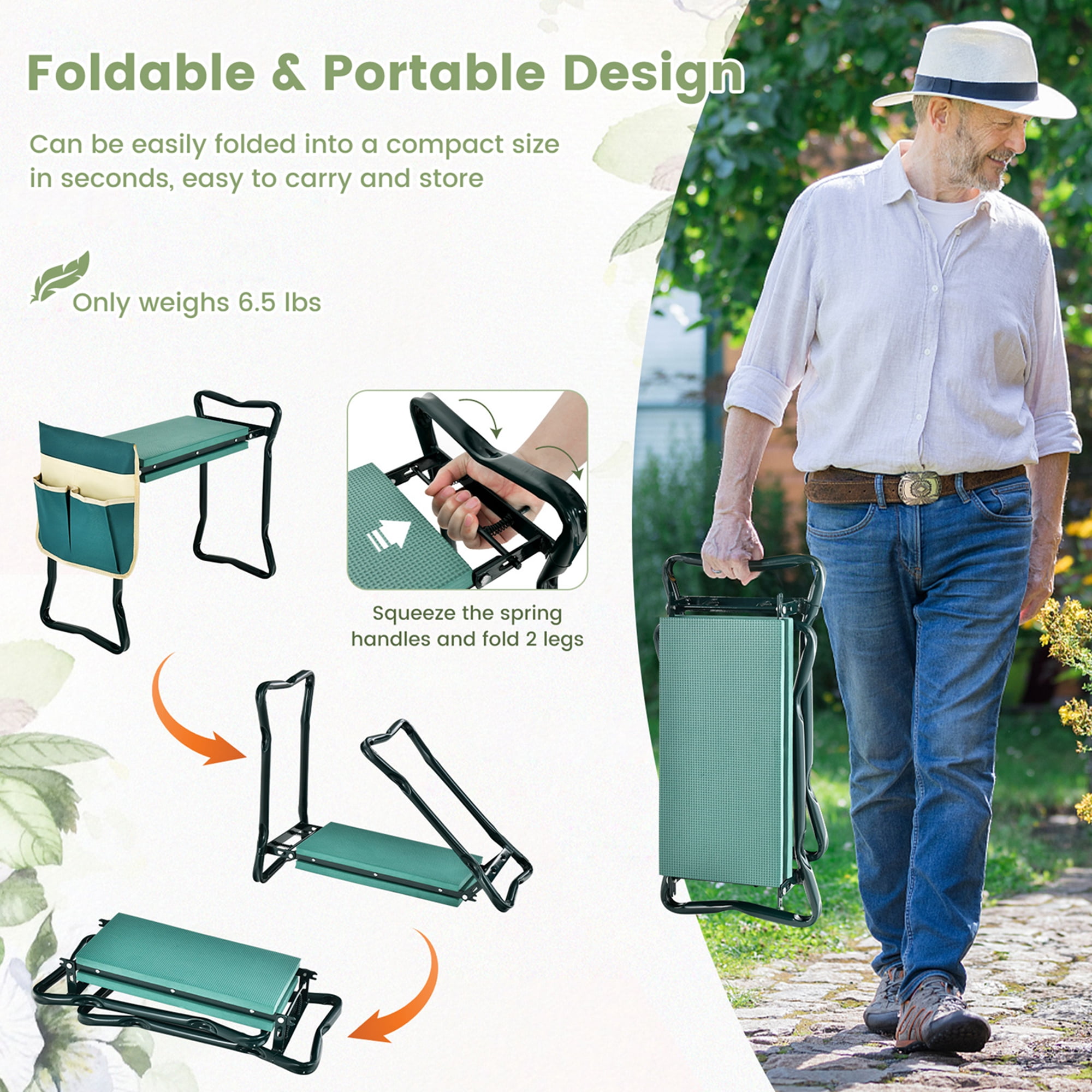 Costway Folding Sturdy Garden Kneeler Gardener Kneeling Pad & Cushion Seat Knee Pad Seat Green