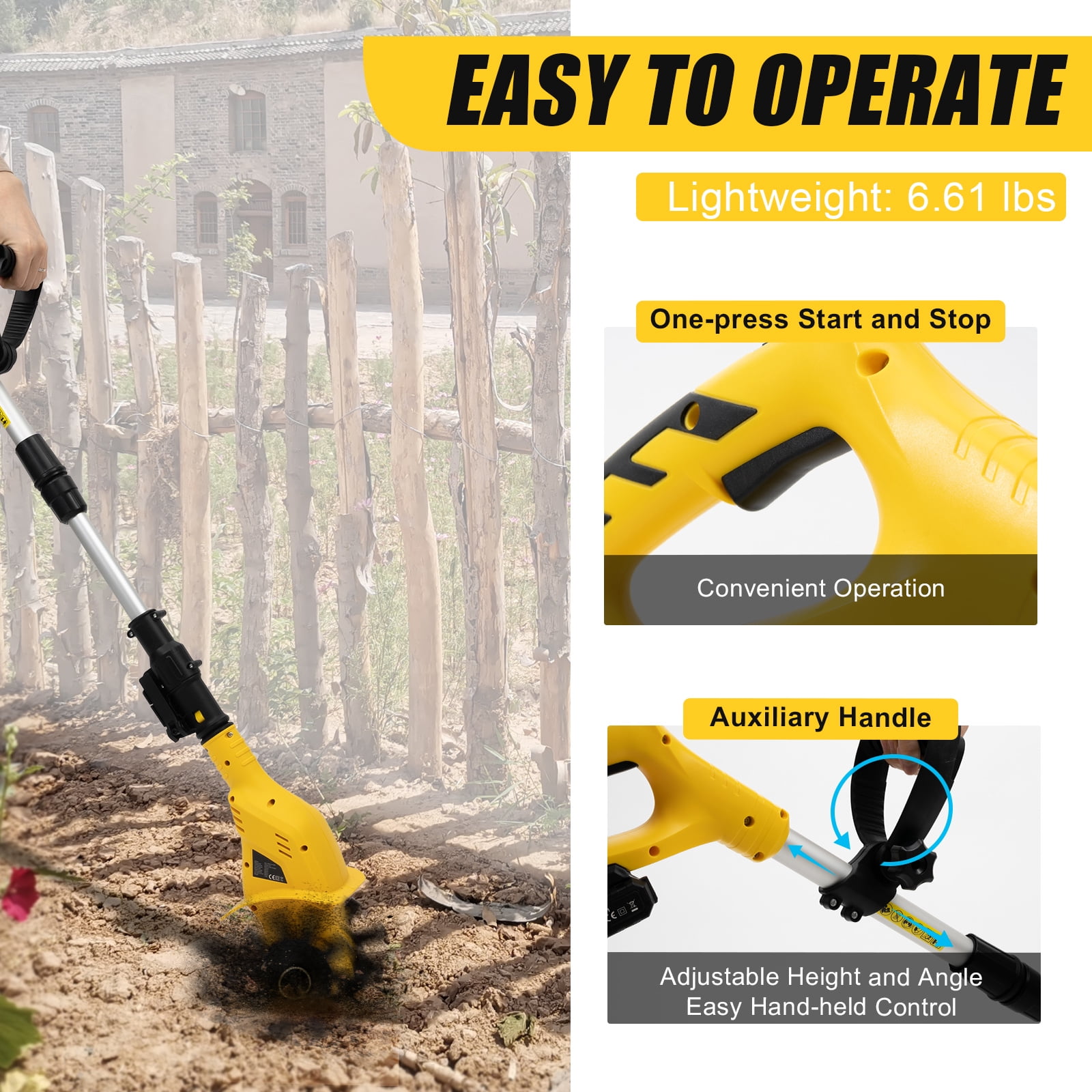 Fichiouy Cordless Tiller Battery Powered Cultivator Cultivating Tools for Garden Yard