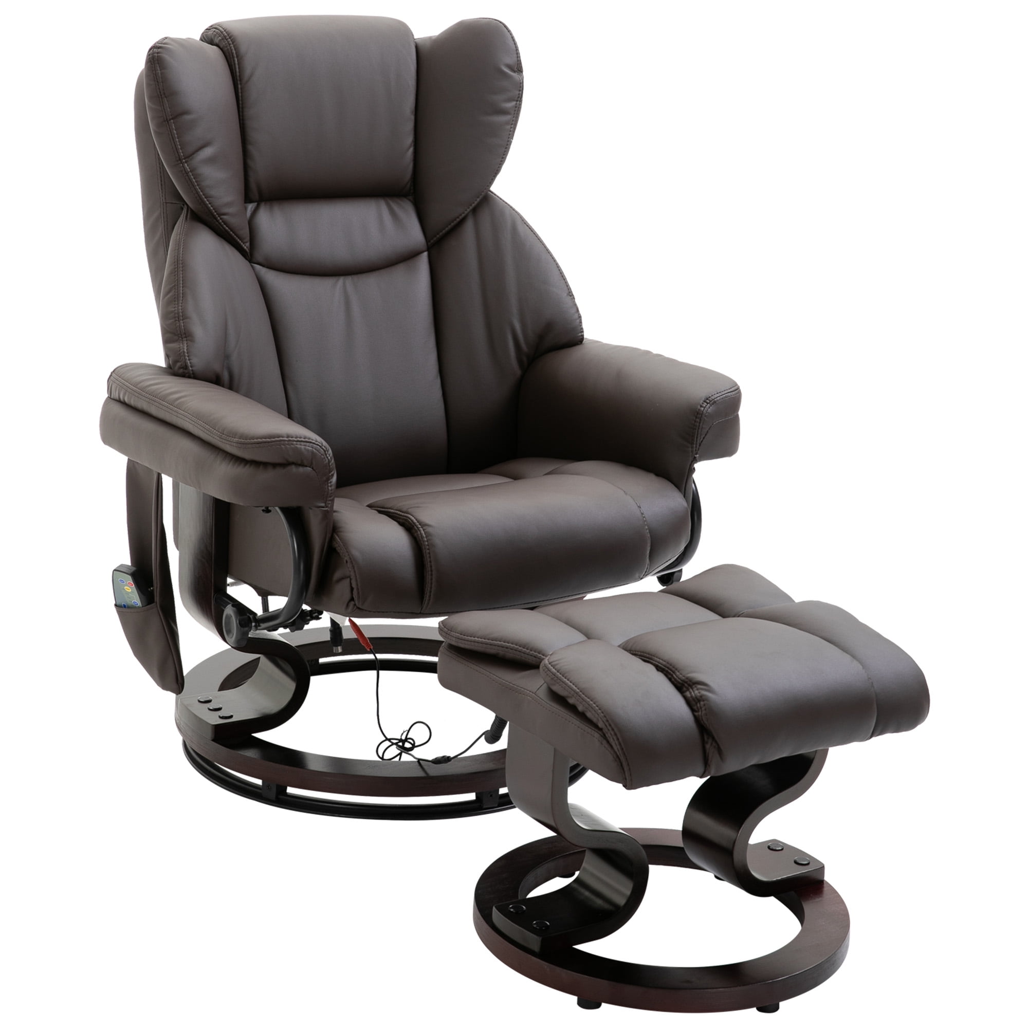HOMCOM Massage Recliner Chair with Ottoman Footrest, 10 Vibration Points, 360° Swivel Reclining Chair, Faux Leather Living Room Chair with Side Pocket and Remote Control, Brown