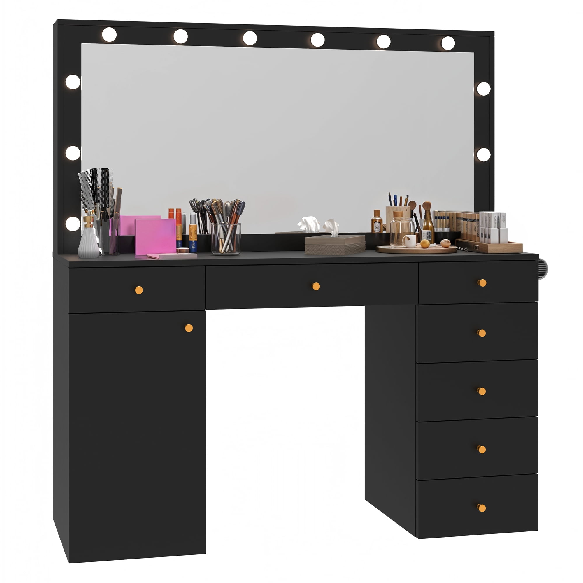 DEXTRUS 7 Drawers 56'' Makeup Vanity Set with Mirror, Lights for Bedroom, Black