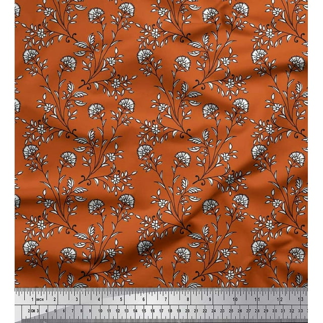 Soimoi Crepe Silk Fabric Leaves & Floral Block Decor Fabric Printed Yard 42 Inch Wide