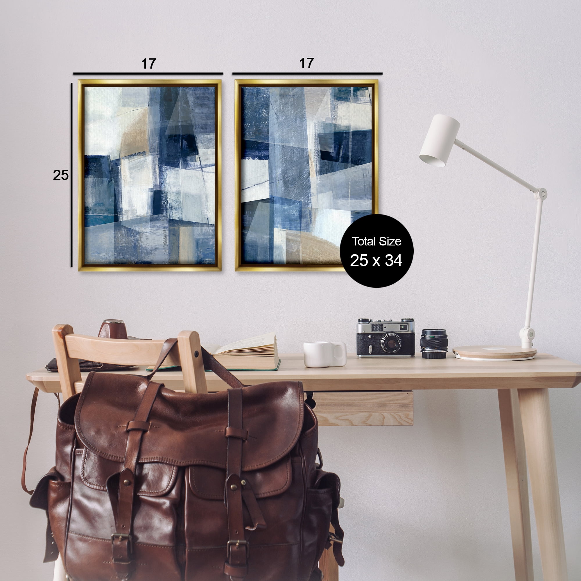 Stupell Industries Blue & Neutral Geometrics Abstract Painting Gold Floater Framed Canvas Art Print Wall Art, 17 x 25, Set of 2