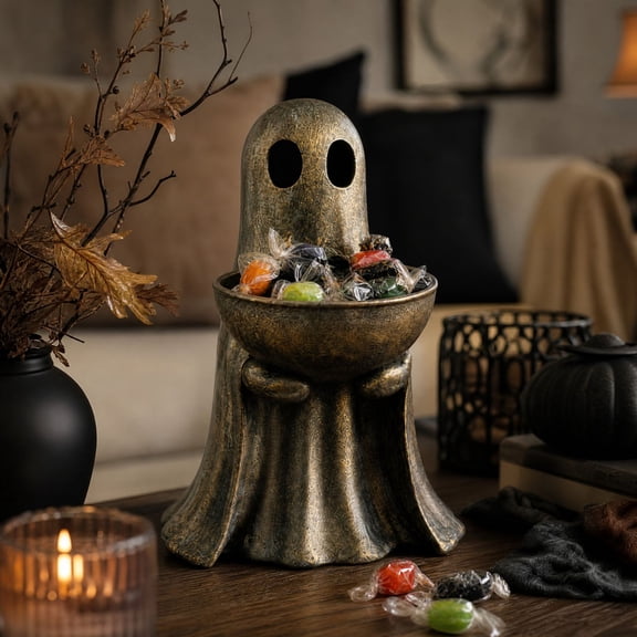 Halloween Ghost Decor, Antique Distressed Gold Finish Standing Ghost Statue with Bowl, Spooky Halloween Tabletop Centerpiece, Ghost Candy Bowl for Home Decor