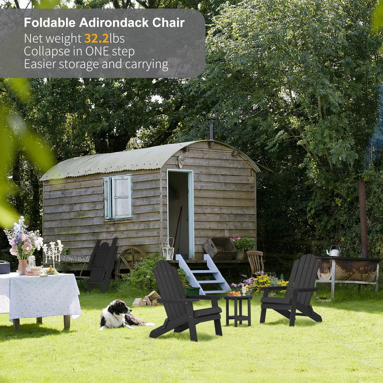 WINSOON Folding Adirondack Chair and Table Set 3 PCS Garden Outdoor Patio, Black Finish