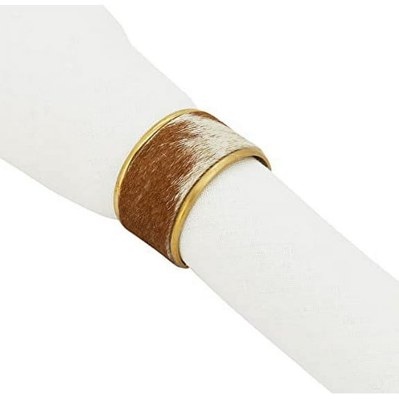 Fennco Styles Elegant Cowhide Brass Napkin Rings, Set of 4 - Brown Metal Napkin Holder for Everyday Use, Dining Table Décor, Banquets, Holidays and Special Occasion
