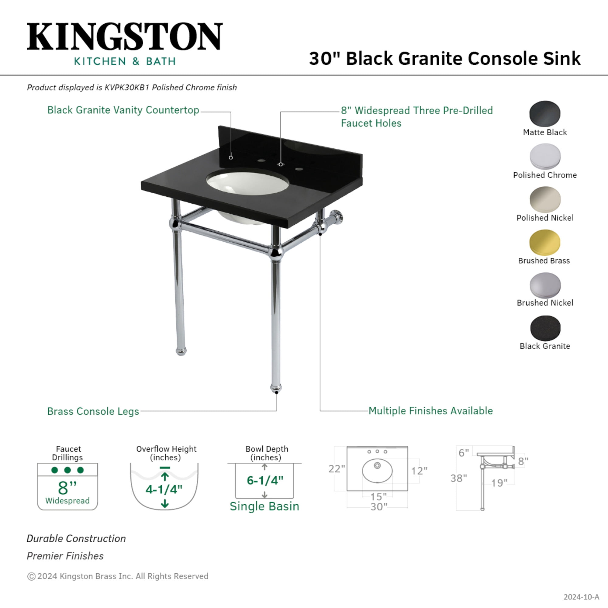 Kingston Brass KVPK30KB6 Templeton 30-Inch Black Granite Console Sink with Brass Legs (8-Inch, 3-Hole) in Black Granite/Polished Nickel