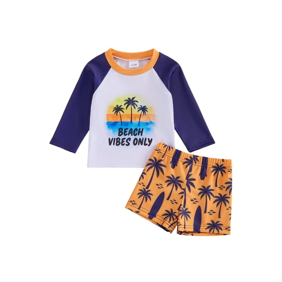 BemeyourBBs Toddler Baby Boys 2 Pieces Swimsuit Set Infant Boy Bathing Suit Long Sleeve Rash Guard Tropical Tree Print Shirt Tops with Swimming Trunks Shorts Set Kids Summer Swimwear Beachwear