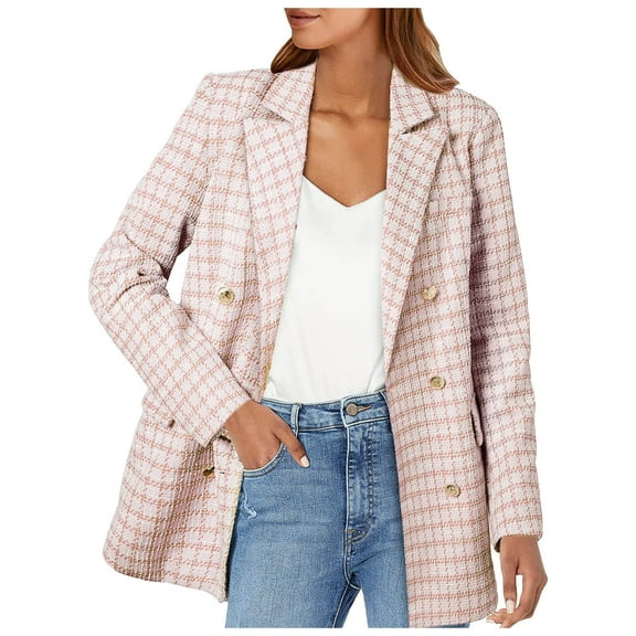YDFCWXW Blazers for Womens Double Plaid Tweed Blazer Jacket Chic Notched Lapel Slim Office Coat Suits Pink, XXL