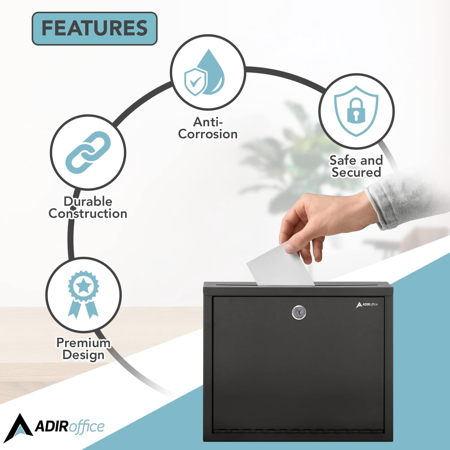 Adir Metal Suggestion Box with Lock and Slot, Wall Mount Deposit Box for Payments and Checks, Mailbox for house, Safe Drop Box with Keys - 3x10x12 Inch Black