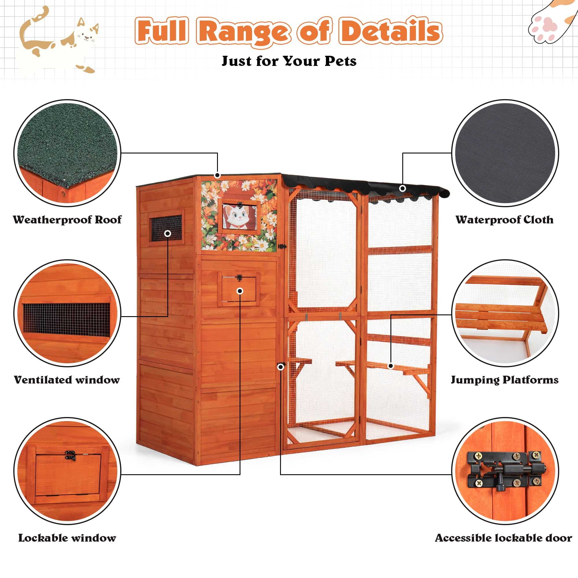 COZIWOW Wood  Cat House Catio Outdoor Enclosure, 2 Resting Condos, 2 Platforms, 4-Tier Cat Play Cage, Orange