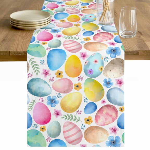 Easter Table Runner - 120 Inch Long Spring Country Colorful Eggs Flower Leaf Plant Cotton and Linen Blended Dress Scarves Farmhouse Table Runner for Kitchen Dining, Coffee Table, 13" x 120"
