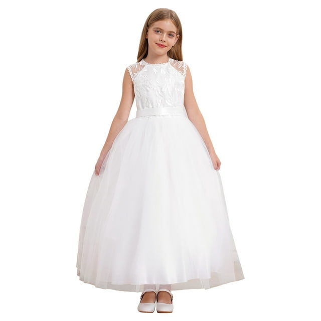 Raenseen Robe de Demoiselle d'Honneur en Mousseline Rose pour Adolescente Sans Manches à Col Rond Robes de Danse Robe de Bal Blanche 4