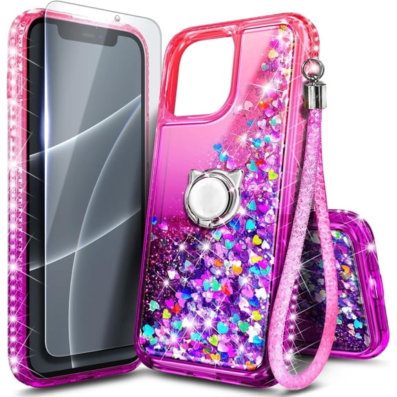 NGB SUPREMACY For iPhone 13 Phone Case Screen Protector Ring Holder Wrist Strap Lanyard Shiny Sparkly Glitter iPhone 13 Case Cover