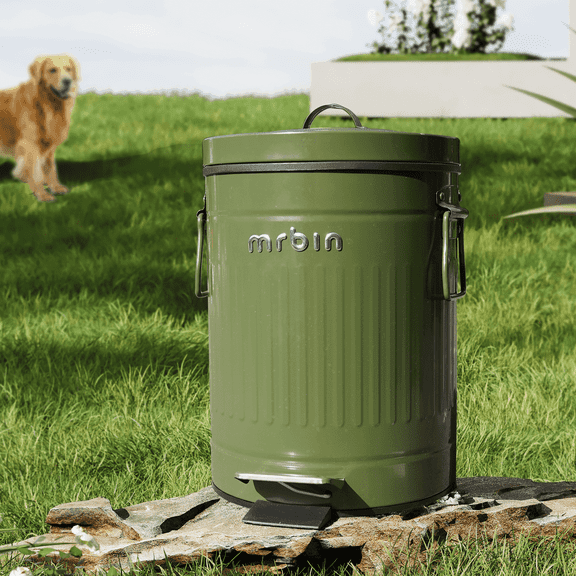 MRBIN Dog Poop Trash Can with Lid, 6L / 1.6 Gal Round Pet Outdoor Waste Basket with Pedal, Step Touchless Garbage Pail for Outside Patio, Yard, Garage, Green Roman Stripe Design