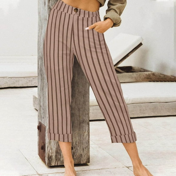 Styesk Women's Pants Fashion Womens Casual Stripe Elastic Loose Pants Straight Wide Leg Trousers With Pocket Capris