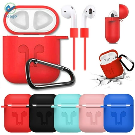Deago Silicone AirPods Case Shockproof Earphone Box Protector Sleeve Skin Cover Pouch Charging Case With Strap For AirPods (Green)