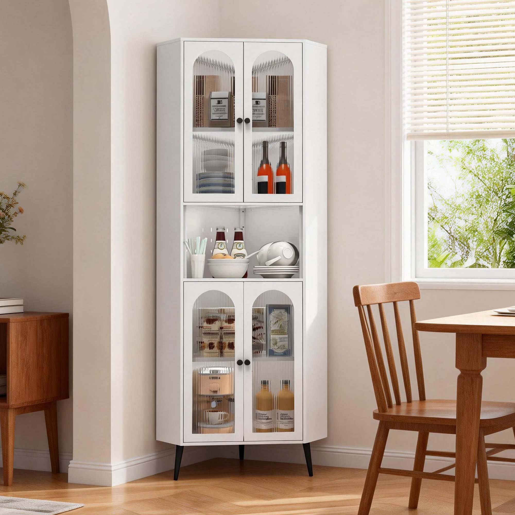 Miniyam 73"H Corner Metal Storage Cabinet with Doors & Adjustable Shelves – White, Space-Saving Organizer for Entryway/Bathroom/Bedroom/Dining Room/Living Room/Office