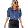 thumbnail image 2 of LYMAYTER Women Denim Jacket Navy Collar Short Jean Jacket 3/4 Sleeve Versatile Short Cowboy Outwear S M L XL, 2 of 8