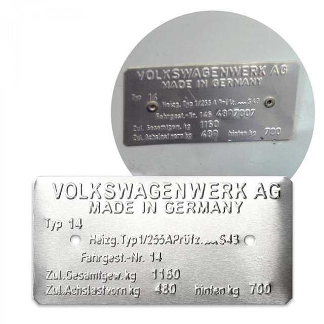 KaferLab 789211 Volkswagen Karmann Ghia Type 14 Made in Germany Vin Data Information Plate