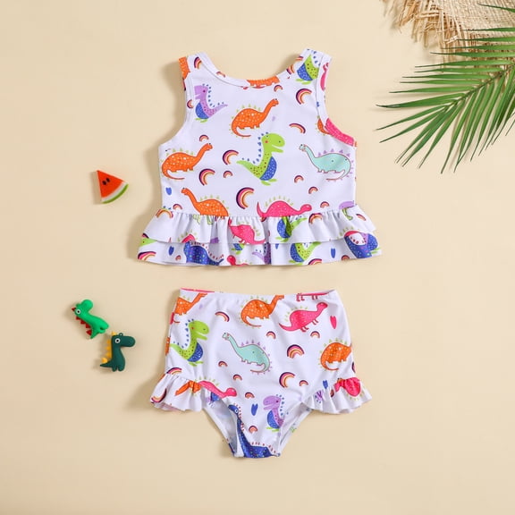 RTKFRFLM Girls Sleeveless Dinosaur Print Ruffle Bikini Set Summer Beach Pool Swimwear Cute Split Swim Outfit for Kids