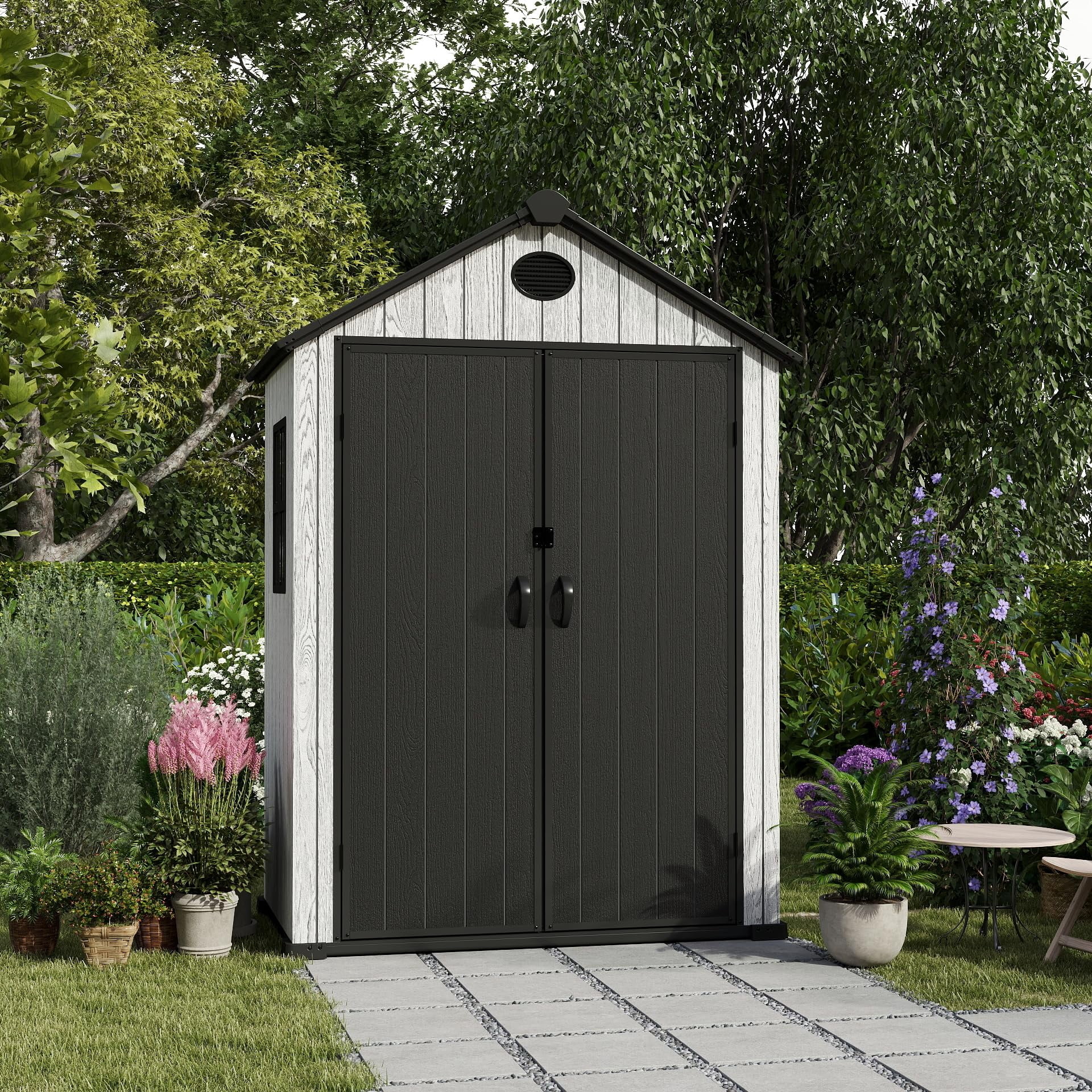 EHHLY 5.3x3.4 FT Resin Outdoor Storage Shed, 135 Cuft Garden Tool Sheds & Outdoor Storage Plastic Shed with Floor, 7FT Tall Outside Lawn Mower Storage Shed with Side Window, Cemented Grey Black