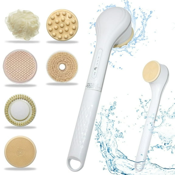 Rechargeable Spin Skin Brush with 7 Brush Heads, Electric Body Brush Set, Scrubber Shower Brush with Long Handle, Massage, exfoliate and Pamper Your Skin in The Shower (White)