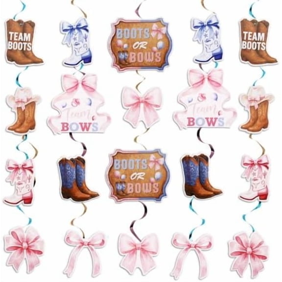 20pcs Gender Reveal Hanging Swirl Set, Boots or Bows Theme Hanging Swirls Decorations for Gender Reveal Party Supplies Baby Shower Ceiling Decorations