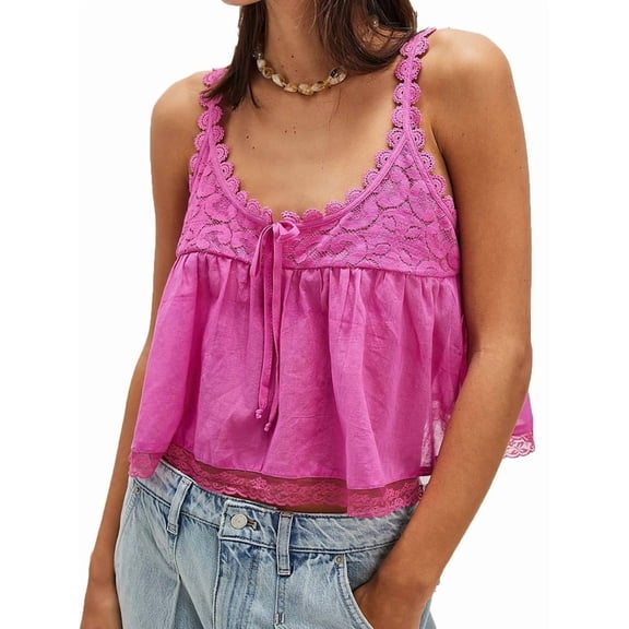 Women Lace Trim Tank Tops Y2k Tie Front Semi Sheer Crop Vest Cute Sleeveless Scoop Neck Flowy Shirt Pink M