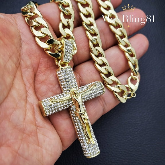 Gold Plated Crucifixion of Jesus Cross Cubic Zirconia Religious Pendant 10mm 24" Thick Cuban Chain Necklace