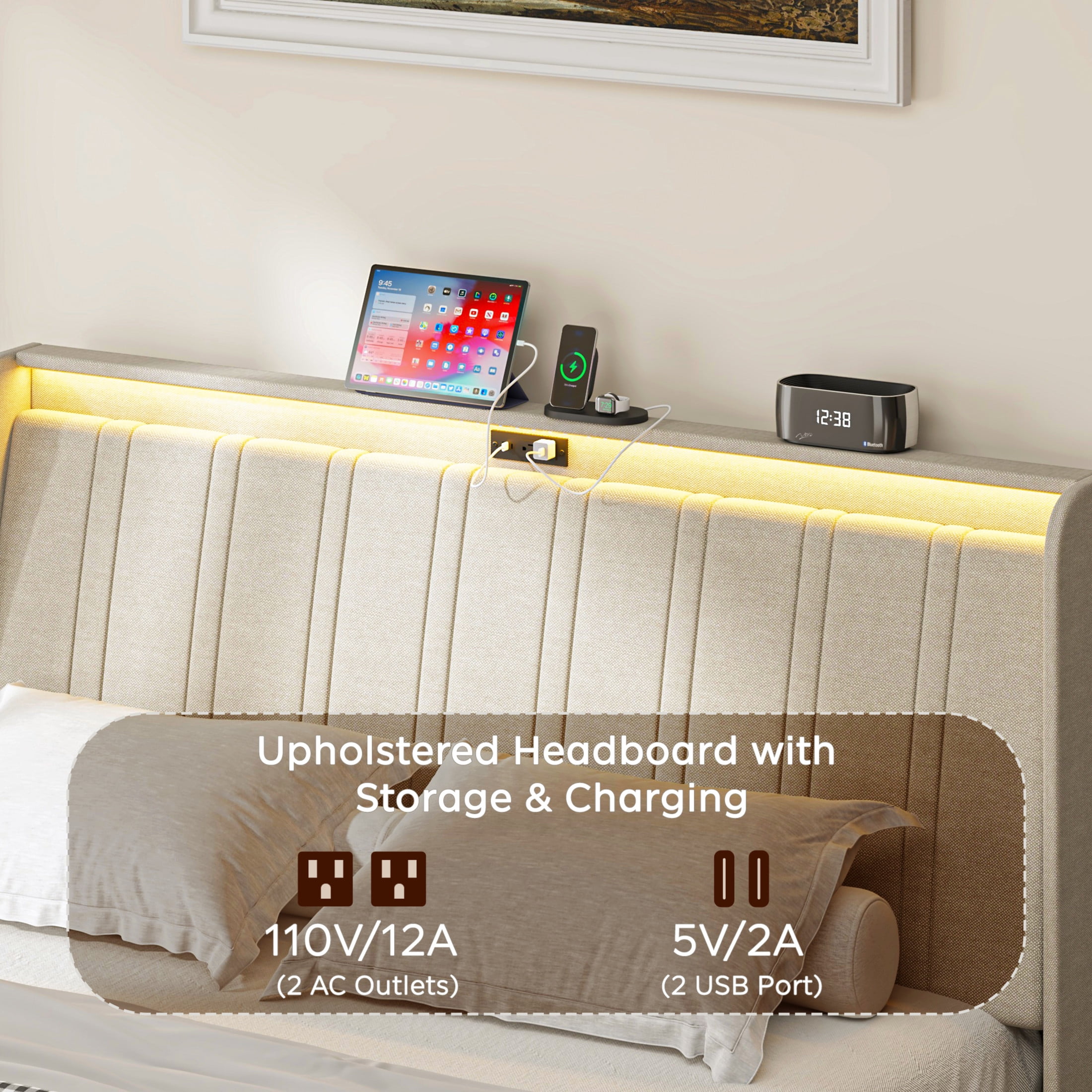 Noble House Sora Twin Size Upholstered Platform Bed Frame with USB Ports, Wood Slats Support, Beige