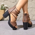 thumbnail image 4 of Sandals for Women Platform Block Heel Peep Toe Ankle Strappy Solid Color Zip up Pumps Summer Vacation Party Prom Dress Shoes Brown Size 9.5, 4 of 8