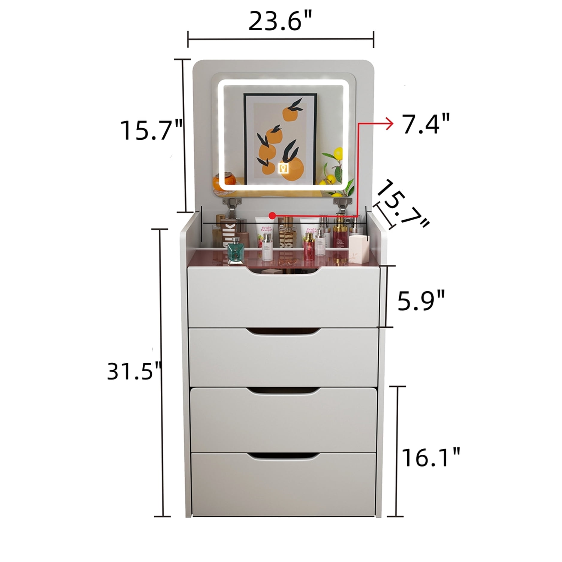 Compact Makeup Vanity With Visible Desktop And Drawer , White Bedroom Furniture, Functional Beauty Station Flip Top Lighted Mirror Internal Space, Dressing Desk, Elegant Furniture