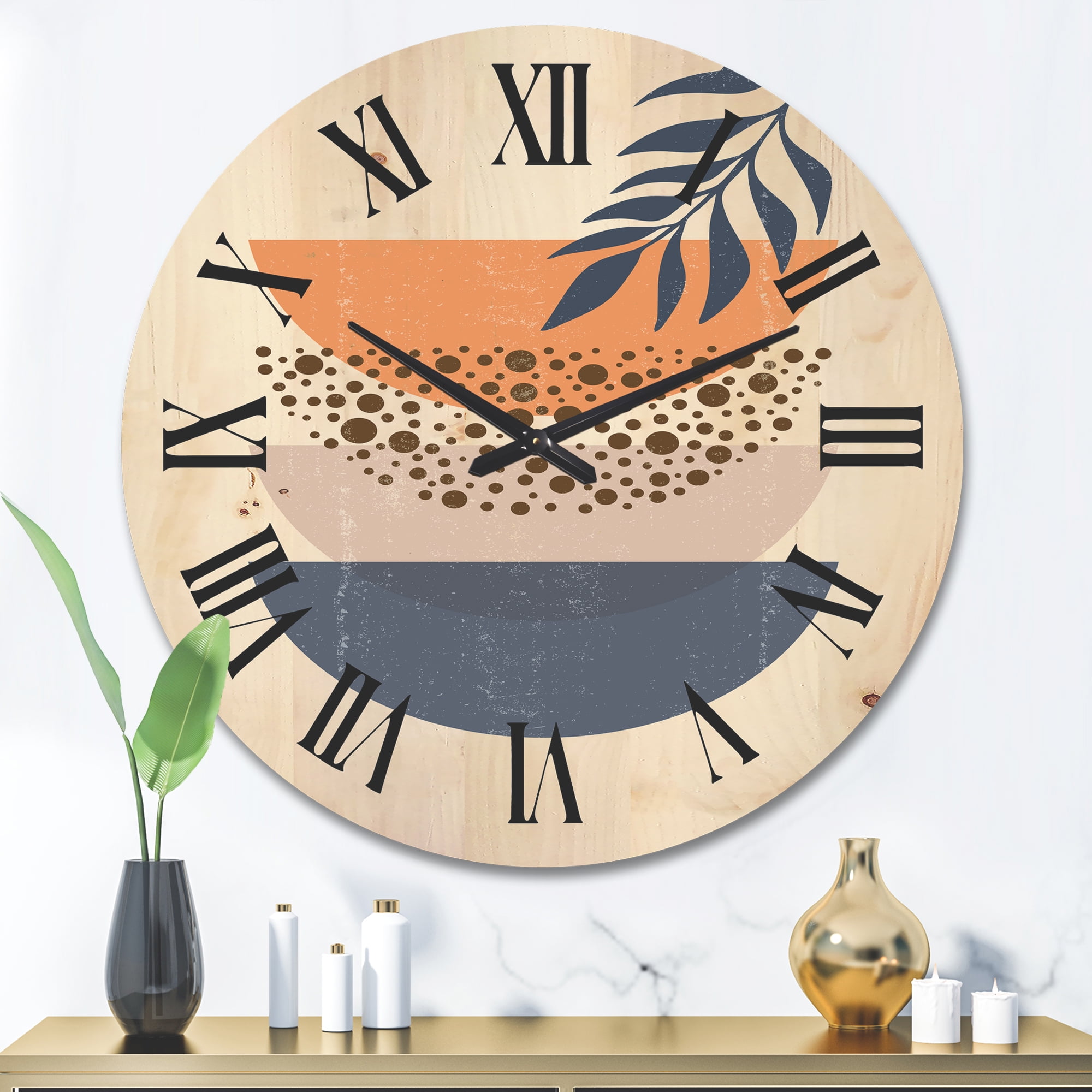 Designart 'Abstract Geometrical Moon and Sun With Leaf IV' Modern Wood Wall Clock