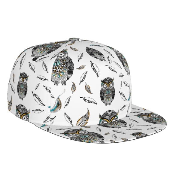 Flat Bill Trucker Hats for Women Men - Tribal Owl Feathers Adjustable Flat Baseball Cap Snapback Hats Dad Hats for Men