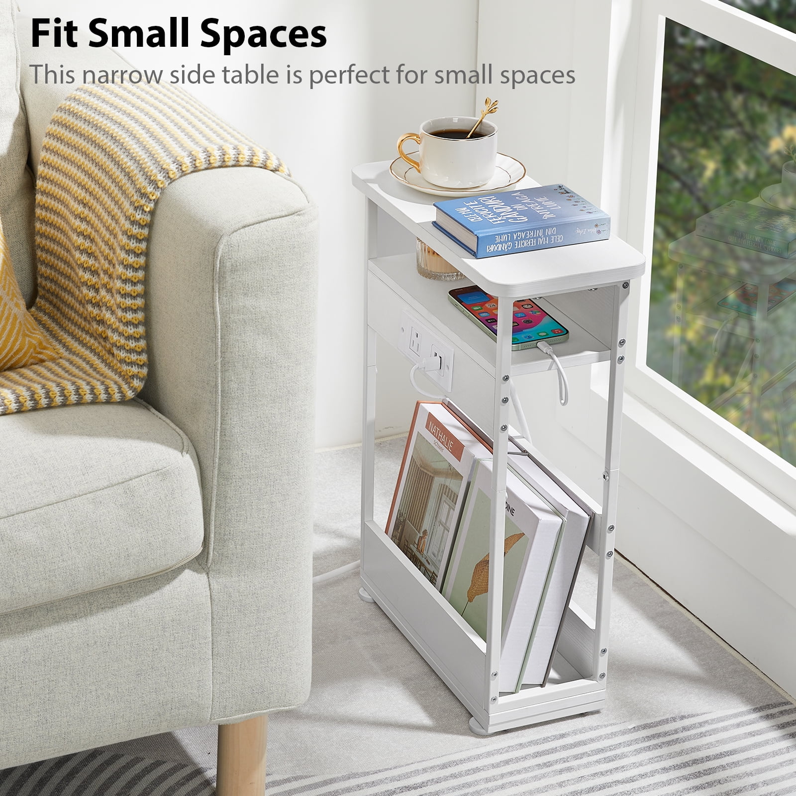 ZEXVIDA Narrow Side Table with Charging Station, 3 Tier Slim End Table with Storage Shelf for Small Spaces, 21.6 Inch Height Thin Tables Small Nightstand Magazine Rack for Living Room, White