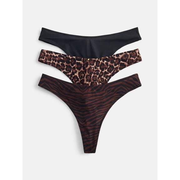 Joyspun Silky Mesh Women's Thong Panties, 3-Pack, Zebra/Leopard/Black Print, Size S